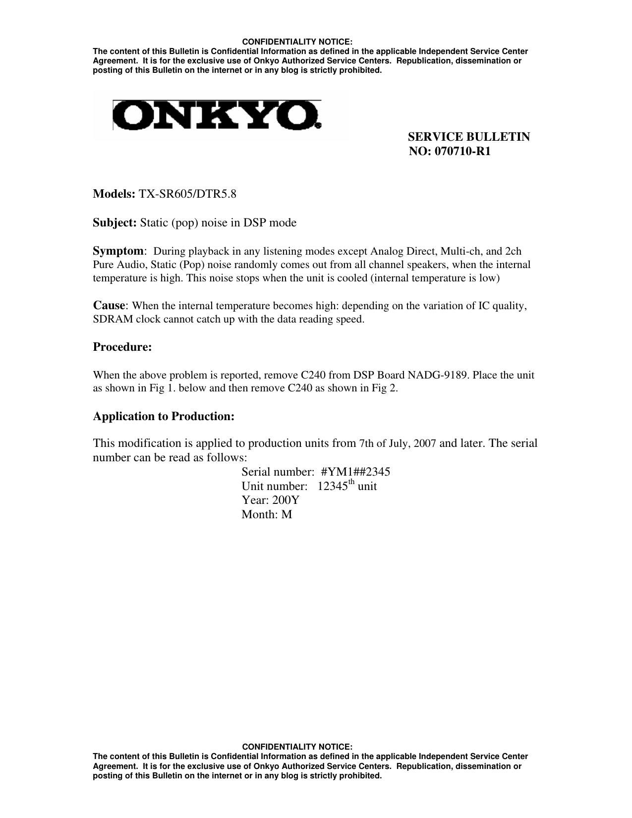 Onkyo TXSR 605 Service Bulletin