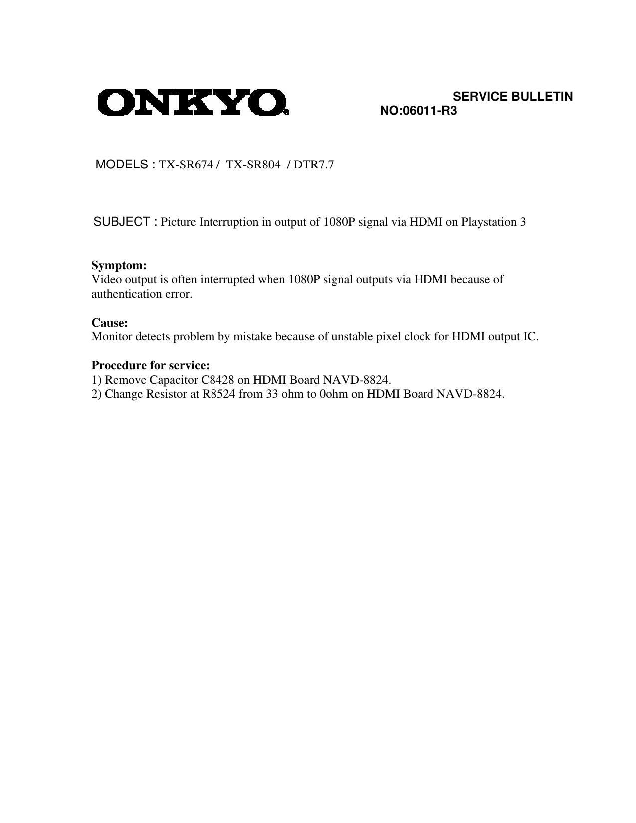 Onkyo TXSR 674 Service Bulletin