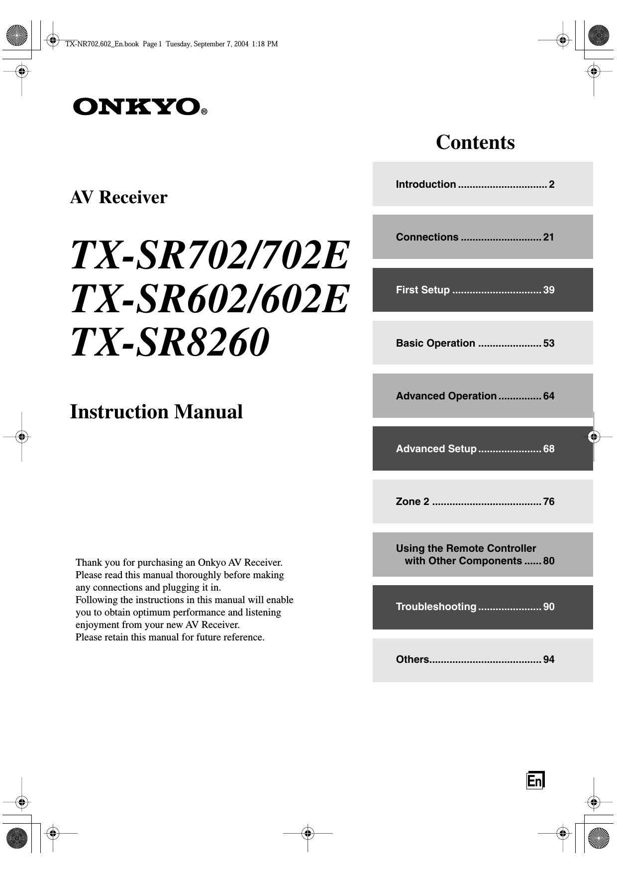 Onkyo TXSR 702 Owners Manual
