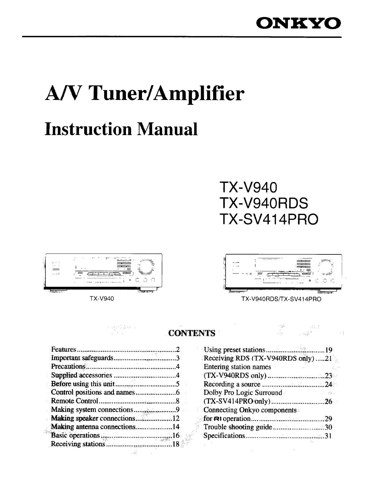 Onkyo TXV 940 RDS Owners Manual