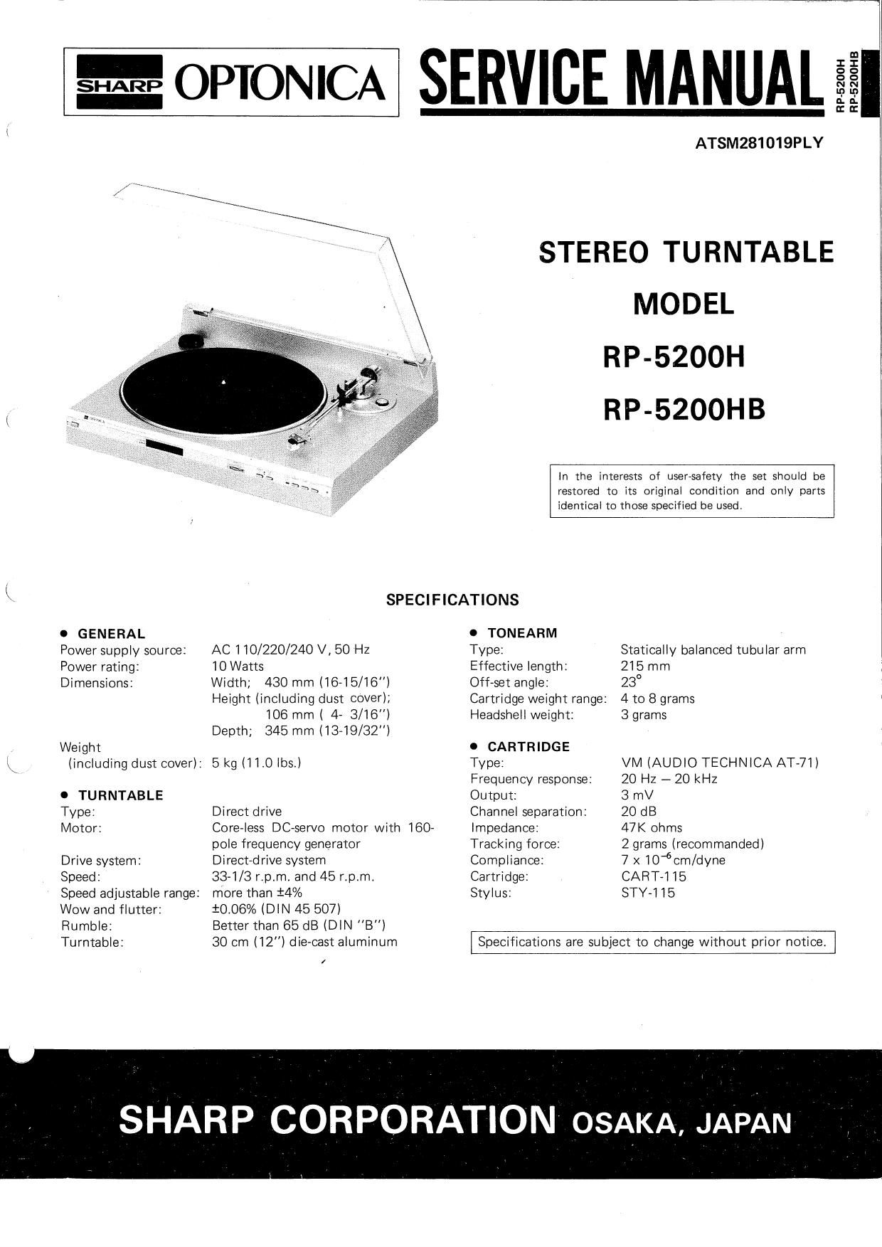 Optonica RP 5200H Service Manual