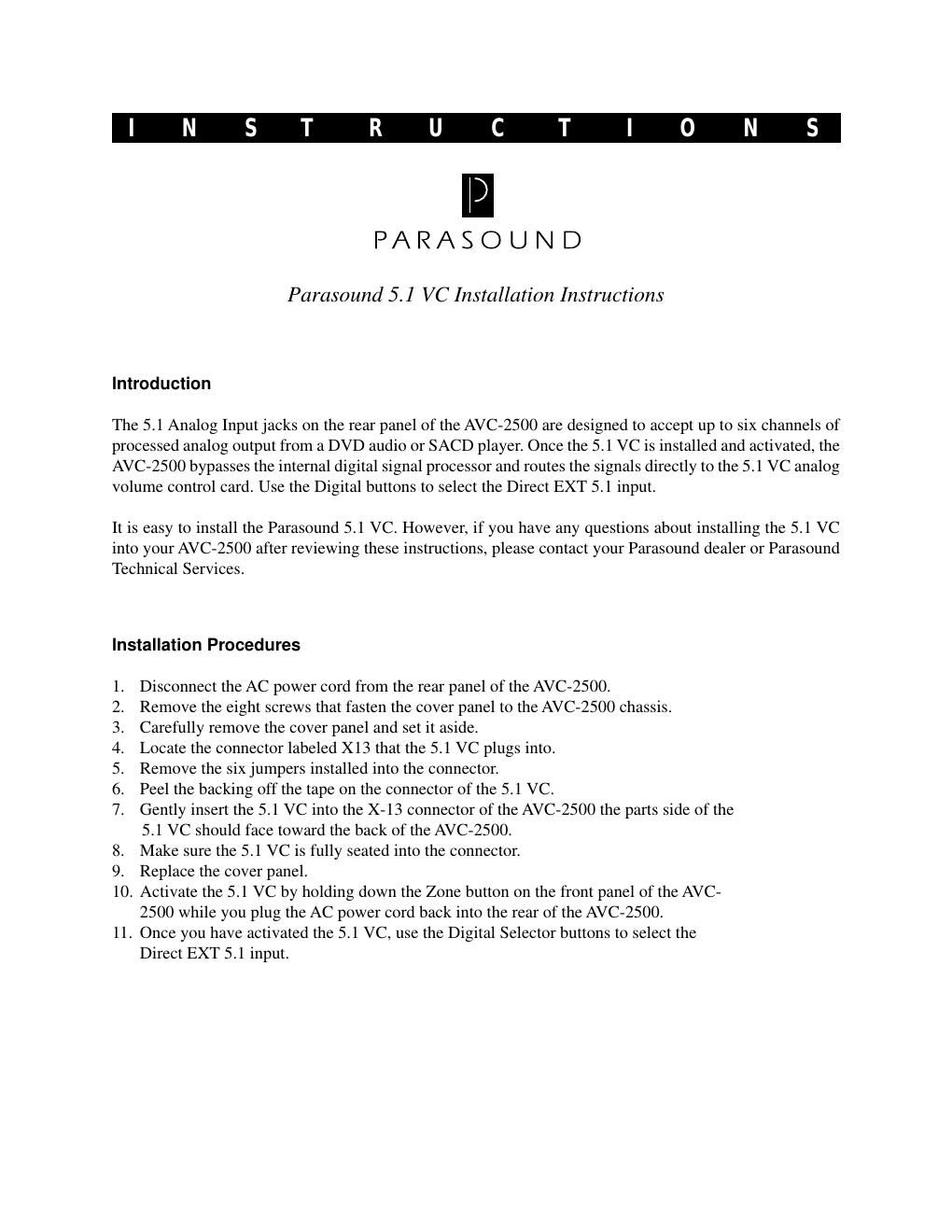 parasound 5 1 vc owners manual
