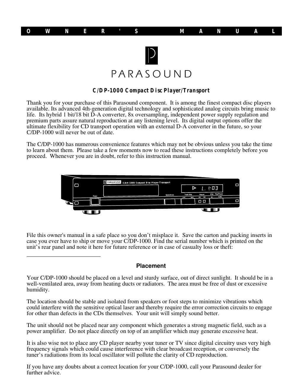 parasound cdp 1000 owners manual