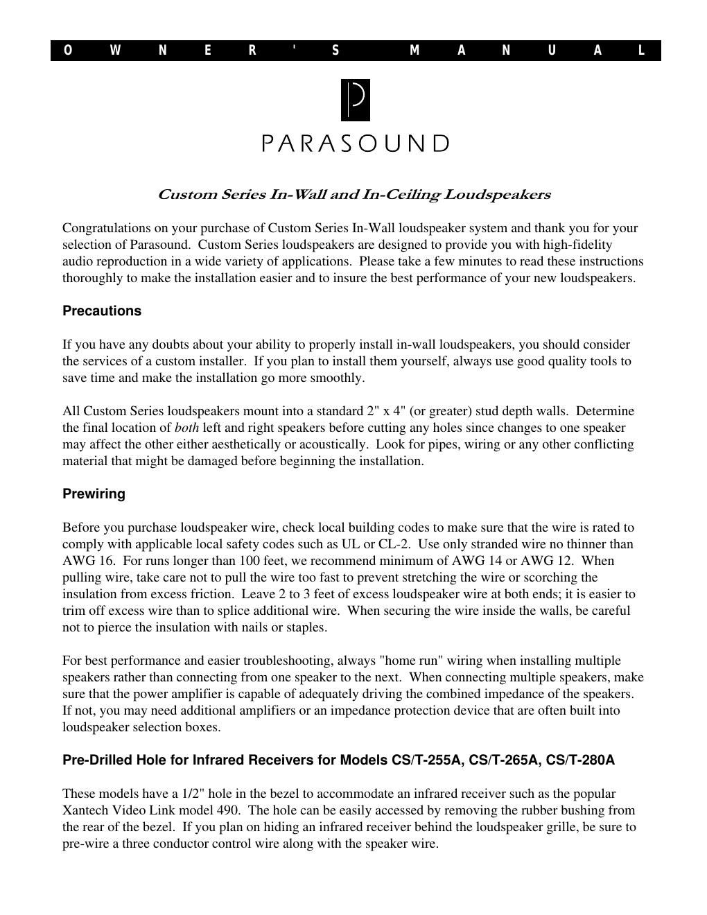 parasound custom owners manual