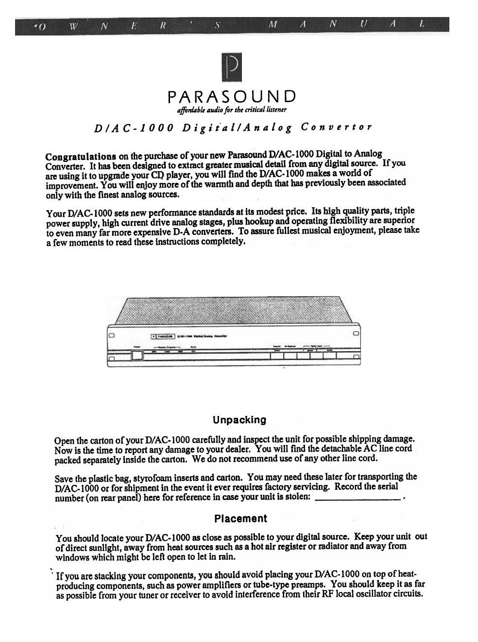parasound dac 1000 owners manual