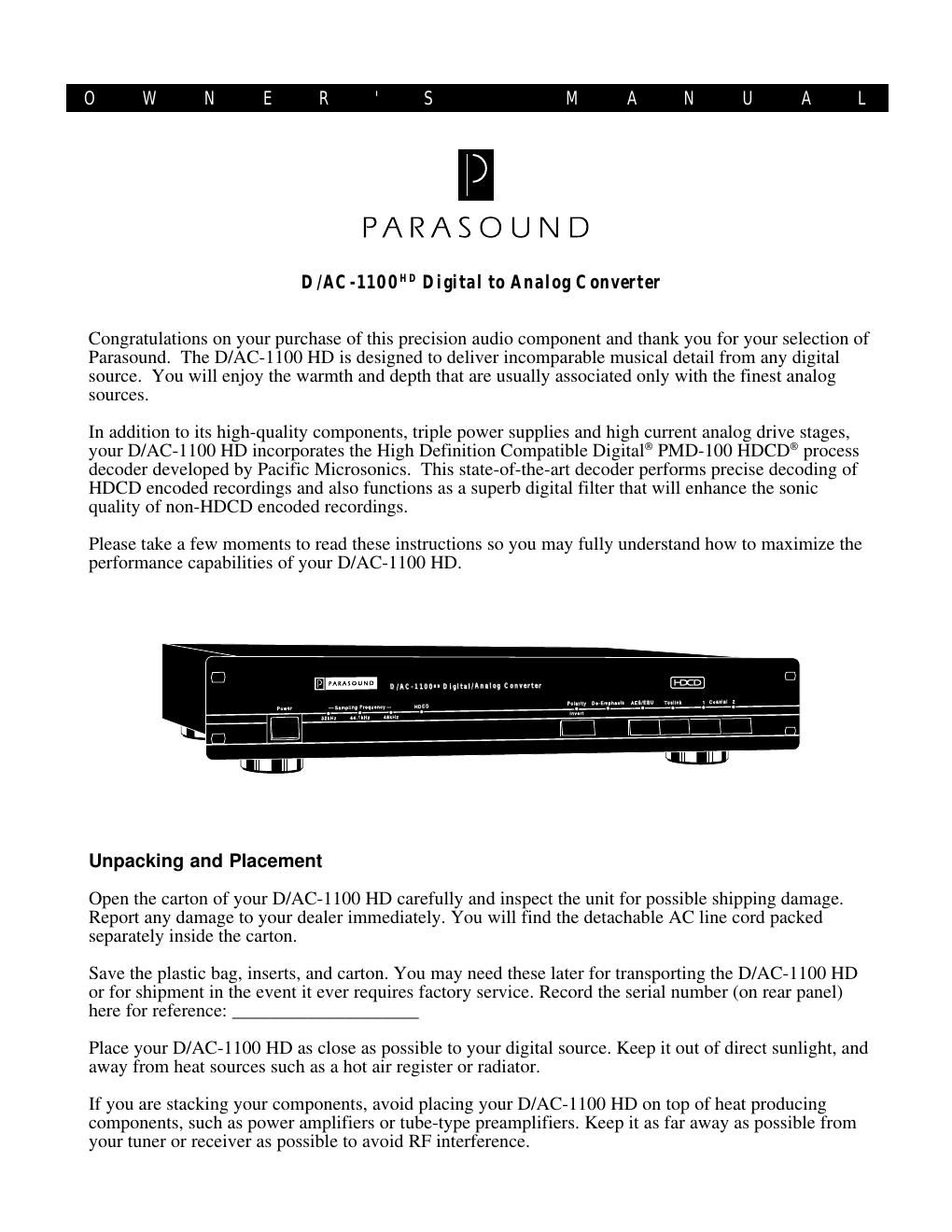 parasound dac 1100 owners manual