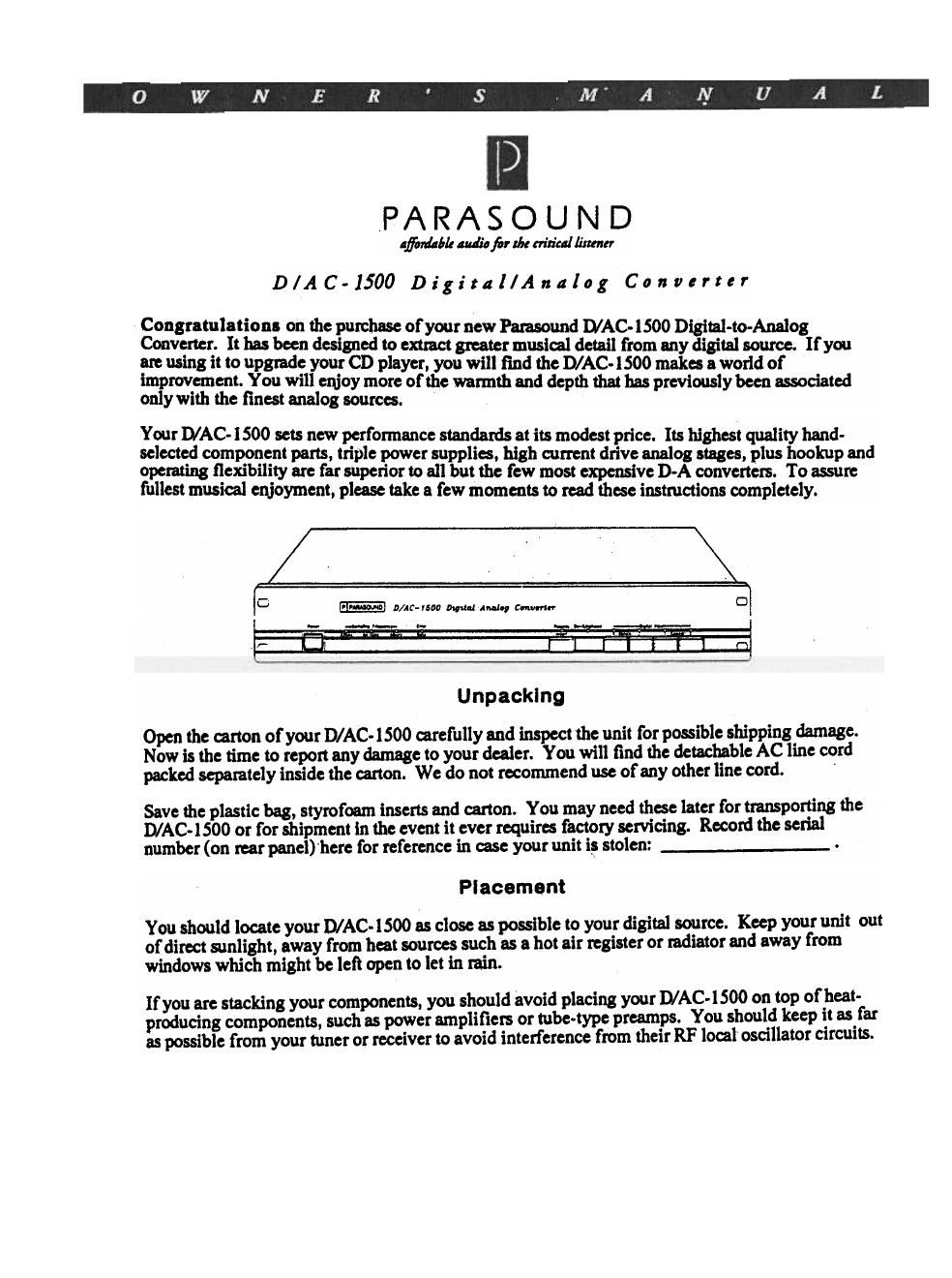 parasound dac 1500 owners manual