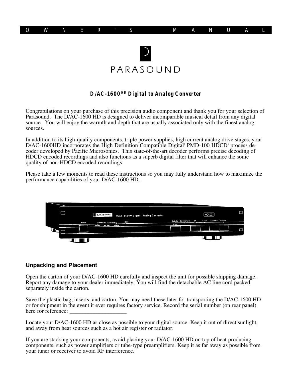 parasound dac 1600 owners manual