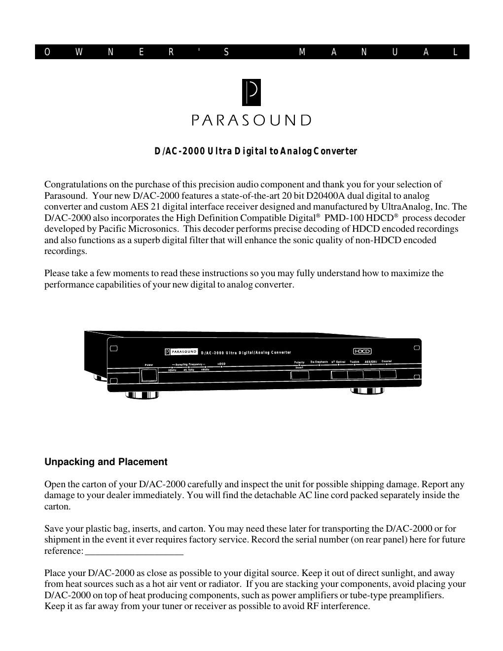 parasound dac 2000 owners manual