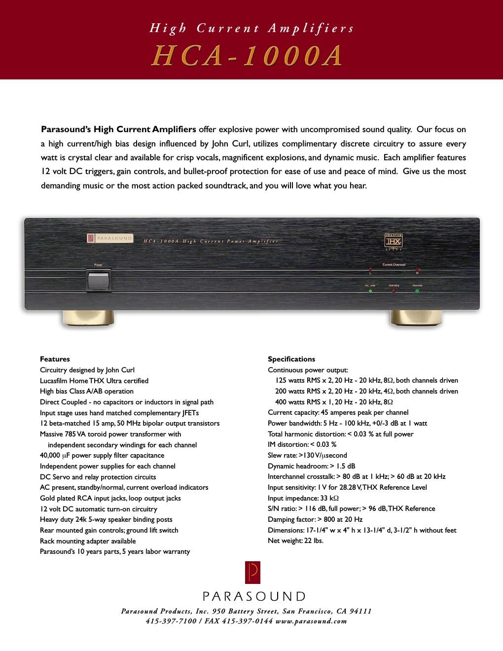 parasound hca 1000 a brochure