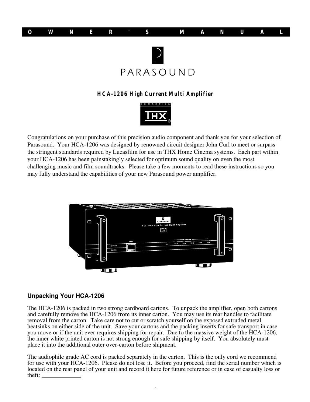 parasound hca 1206 owners manual