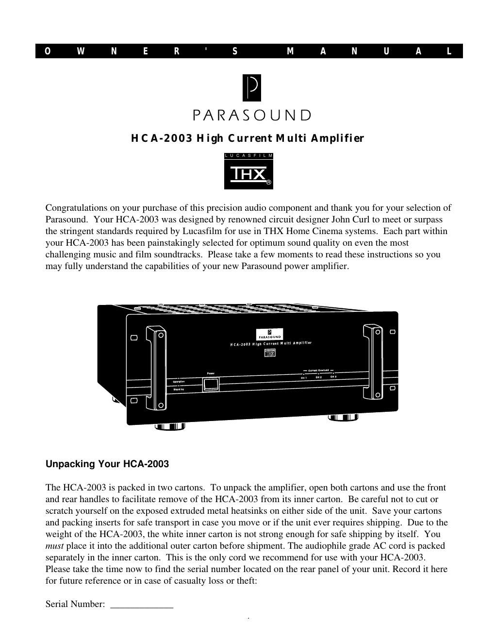 parasound hca 2003 owners manual