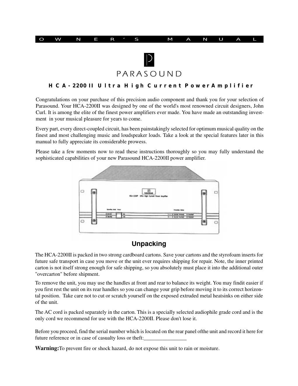 parasound hca 2200 mk2 owners manual