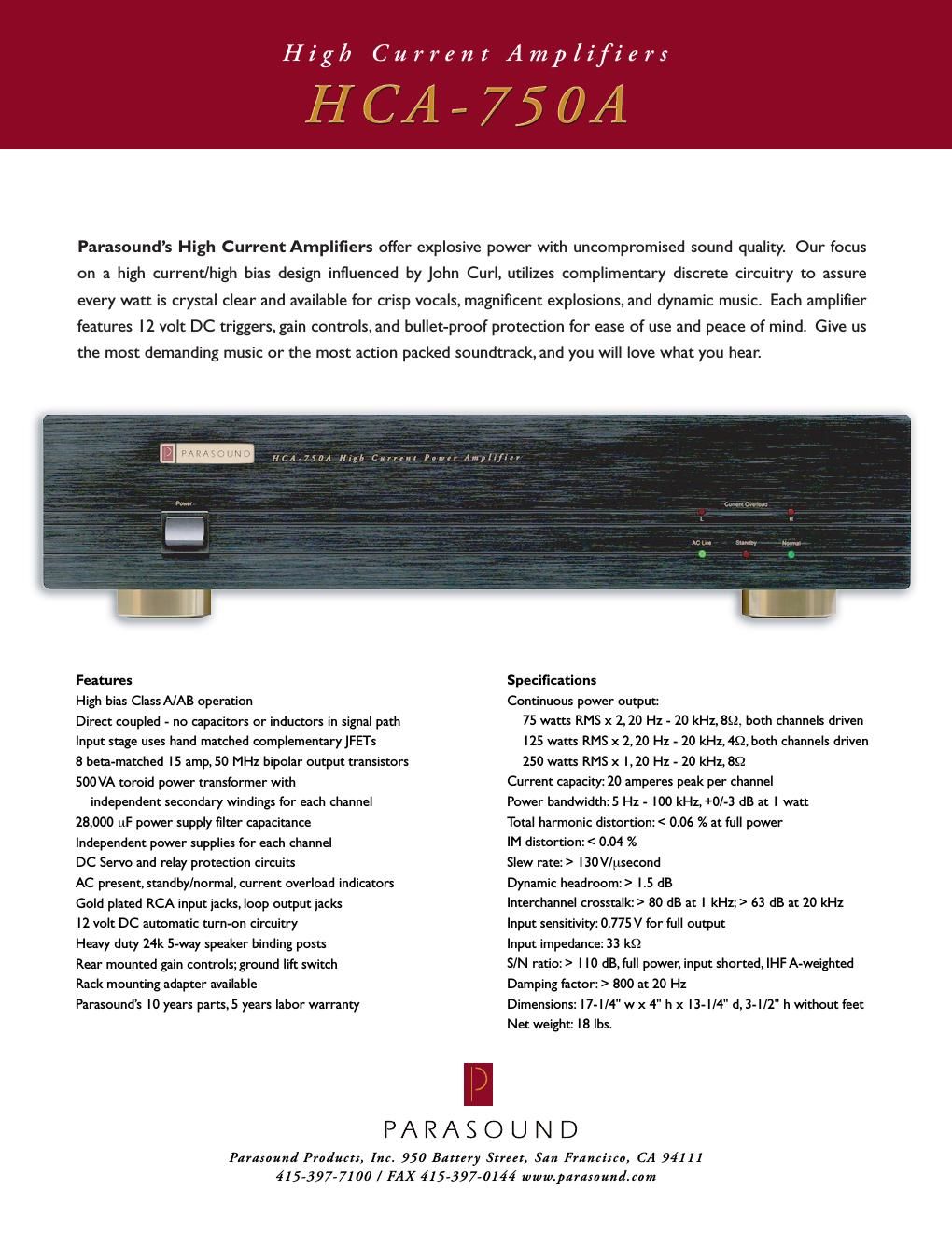 parasound hca 750 a brochure