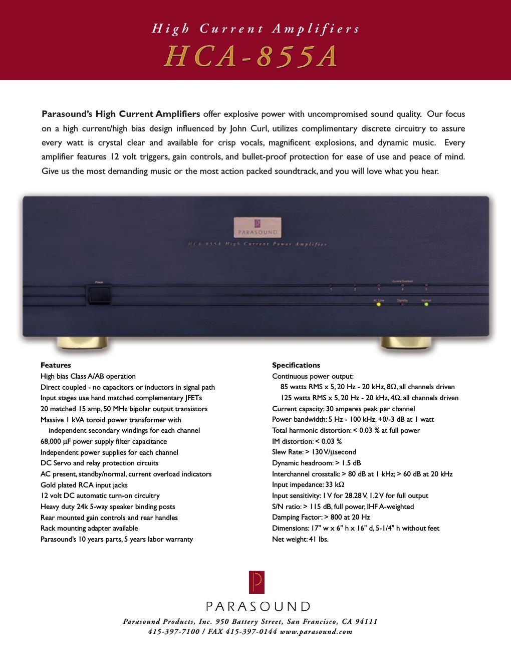 parasound hca 855 a brochure