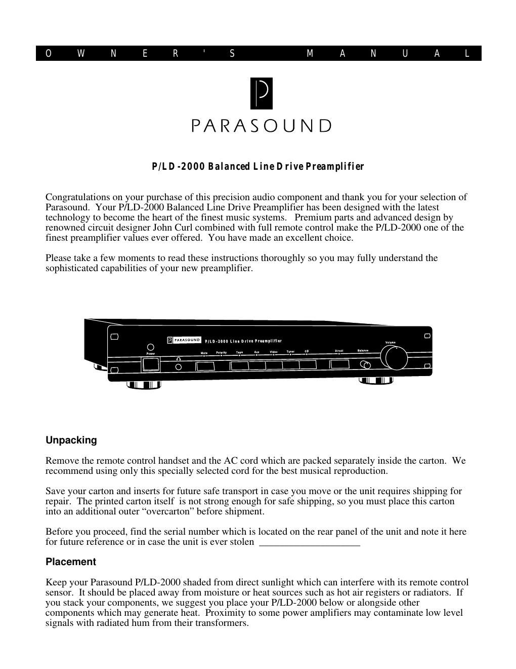 parasound pld 2000 owners manual