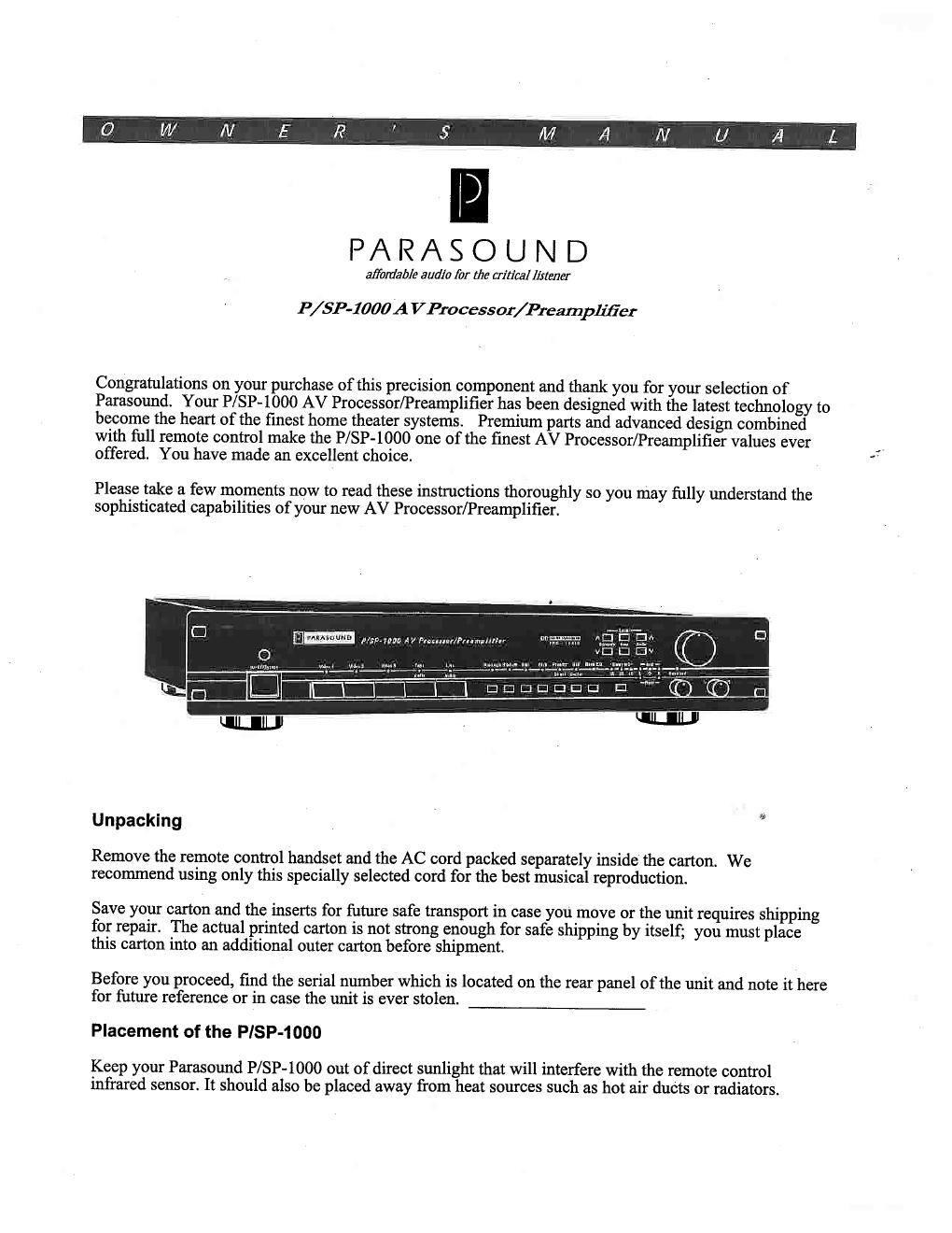 parasound psp 1000 owners manual