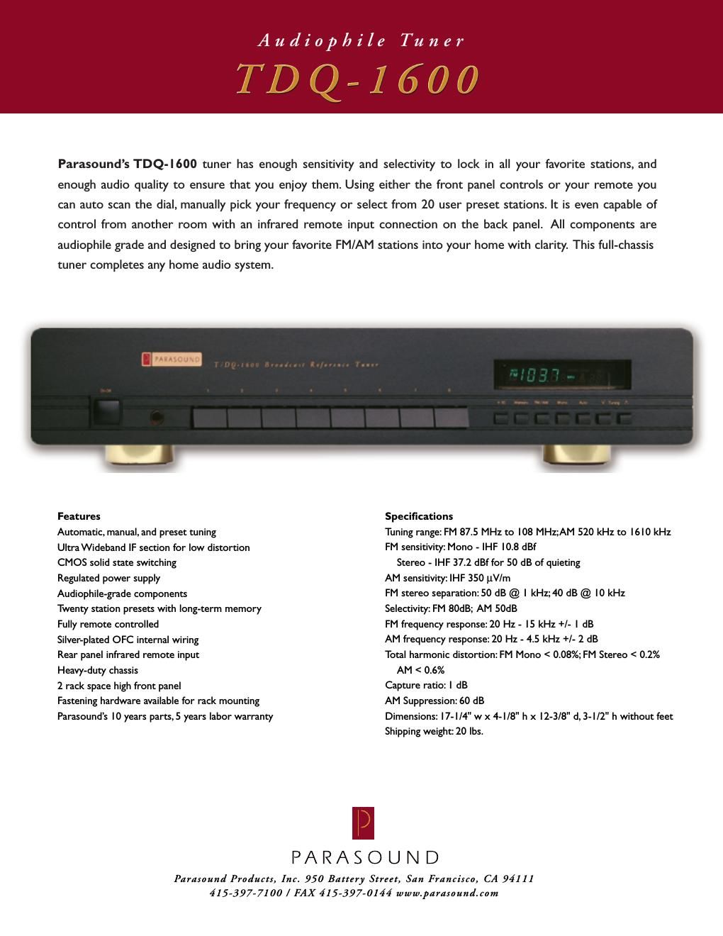 parasound tdq 1600 brochure