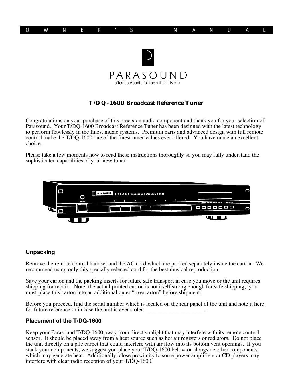 parasound tdq 1600 owners manual