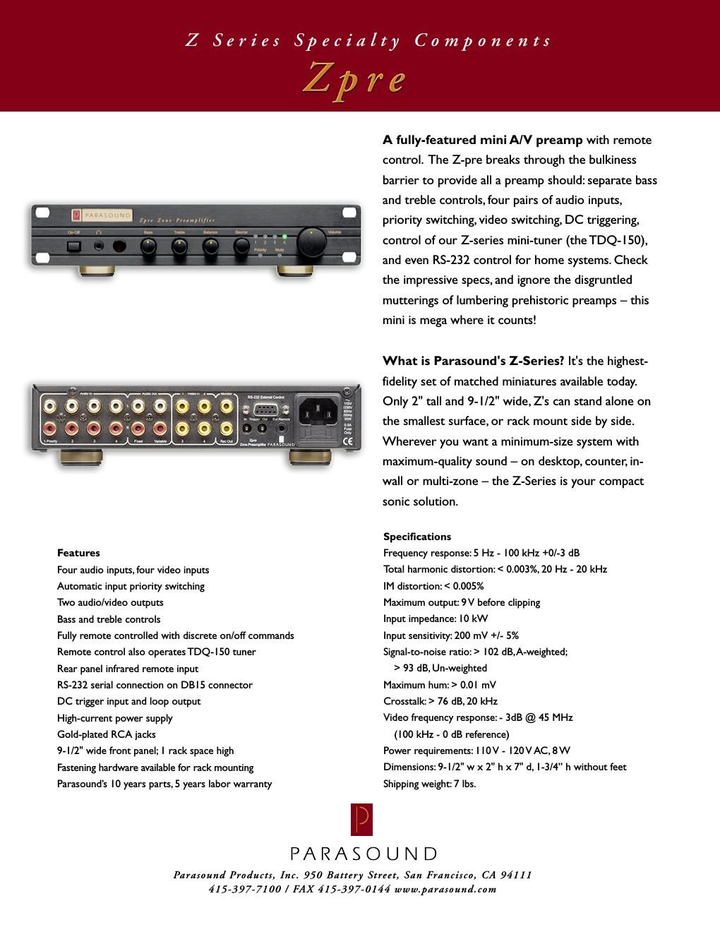 parasound z pre brochure