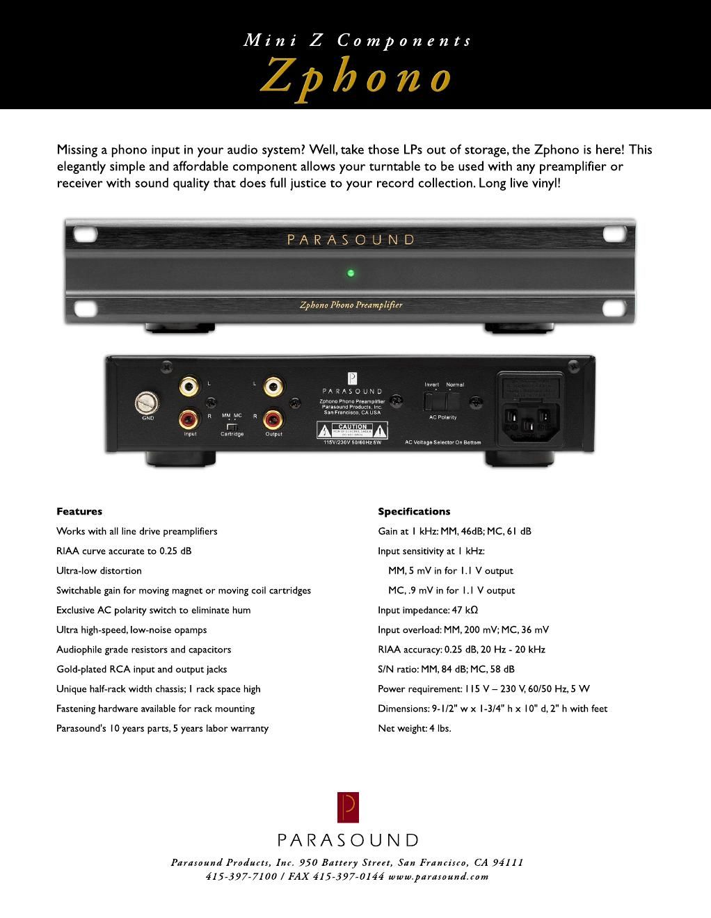 parasound zphono brochure