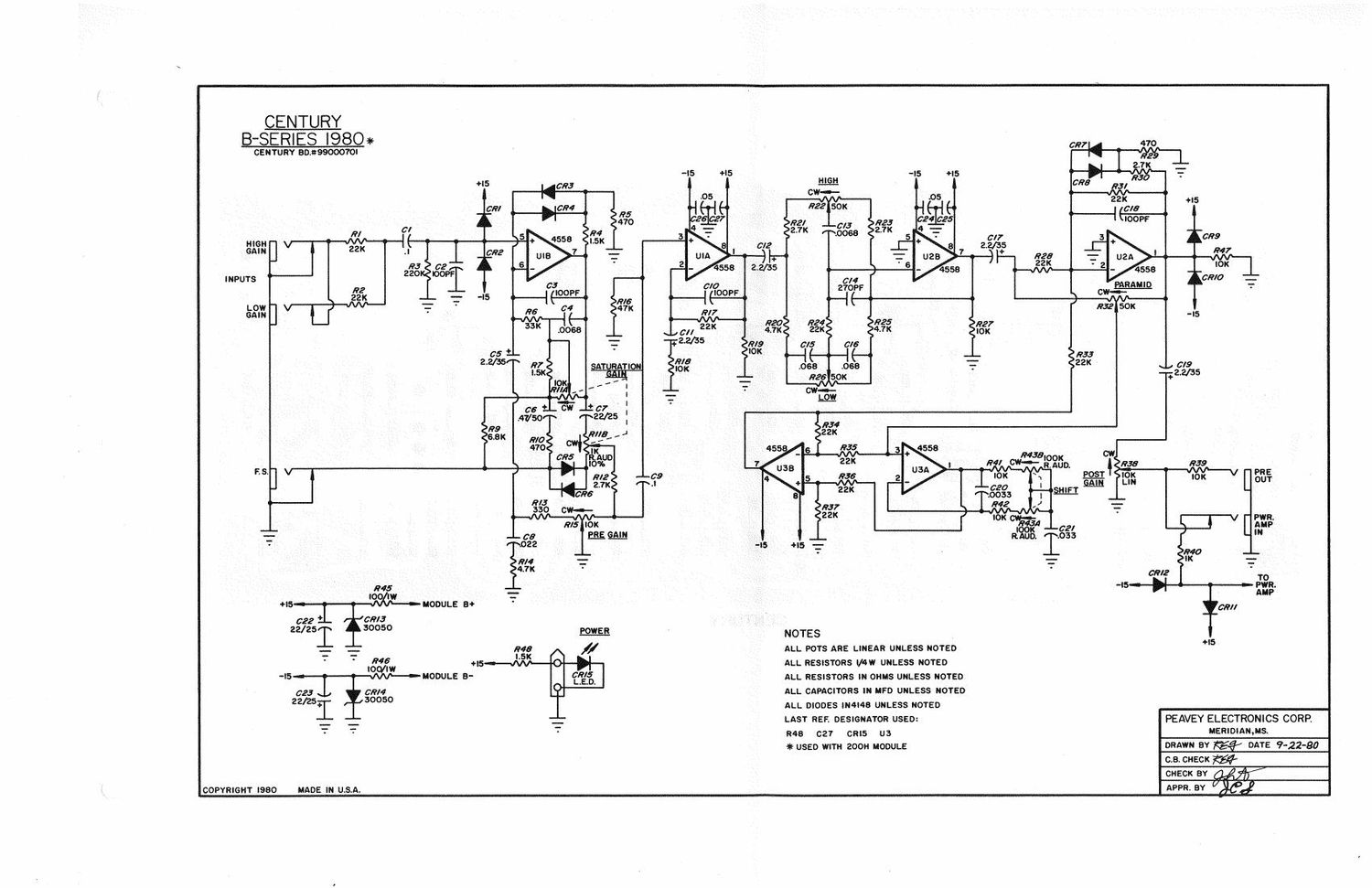 Peavey Century Preamp B Series Schematic