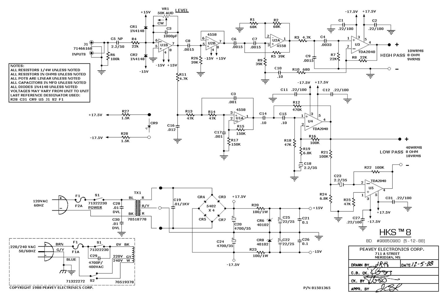 Peavey HKS 8 Powered Speaker Enclosure Schematic