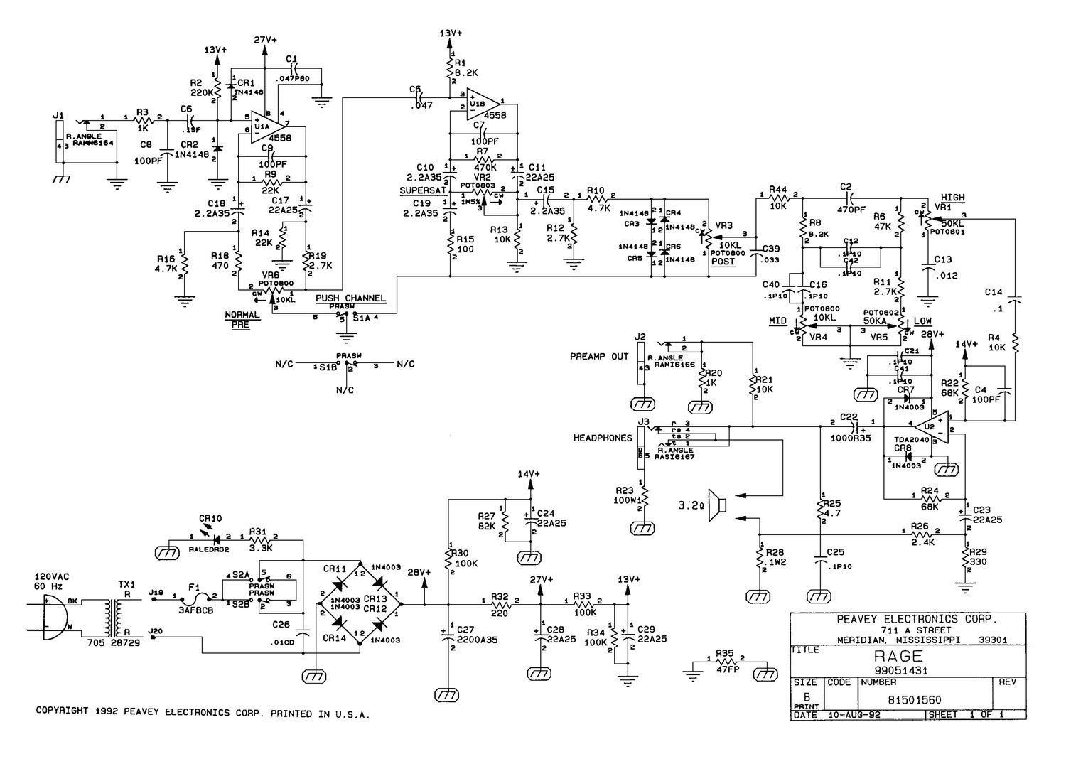 Peavey Rage 158 Schematic