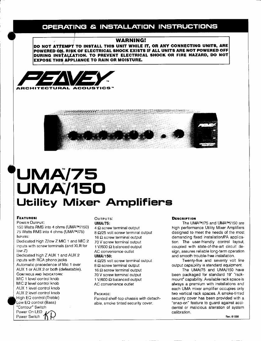 Peavey UMA 75 UMA 150 PA Manual Schematics
