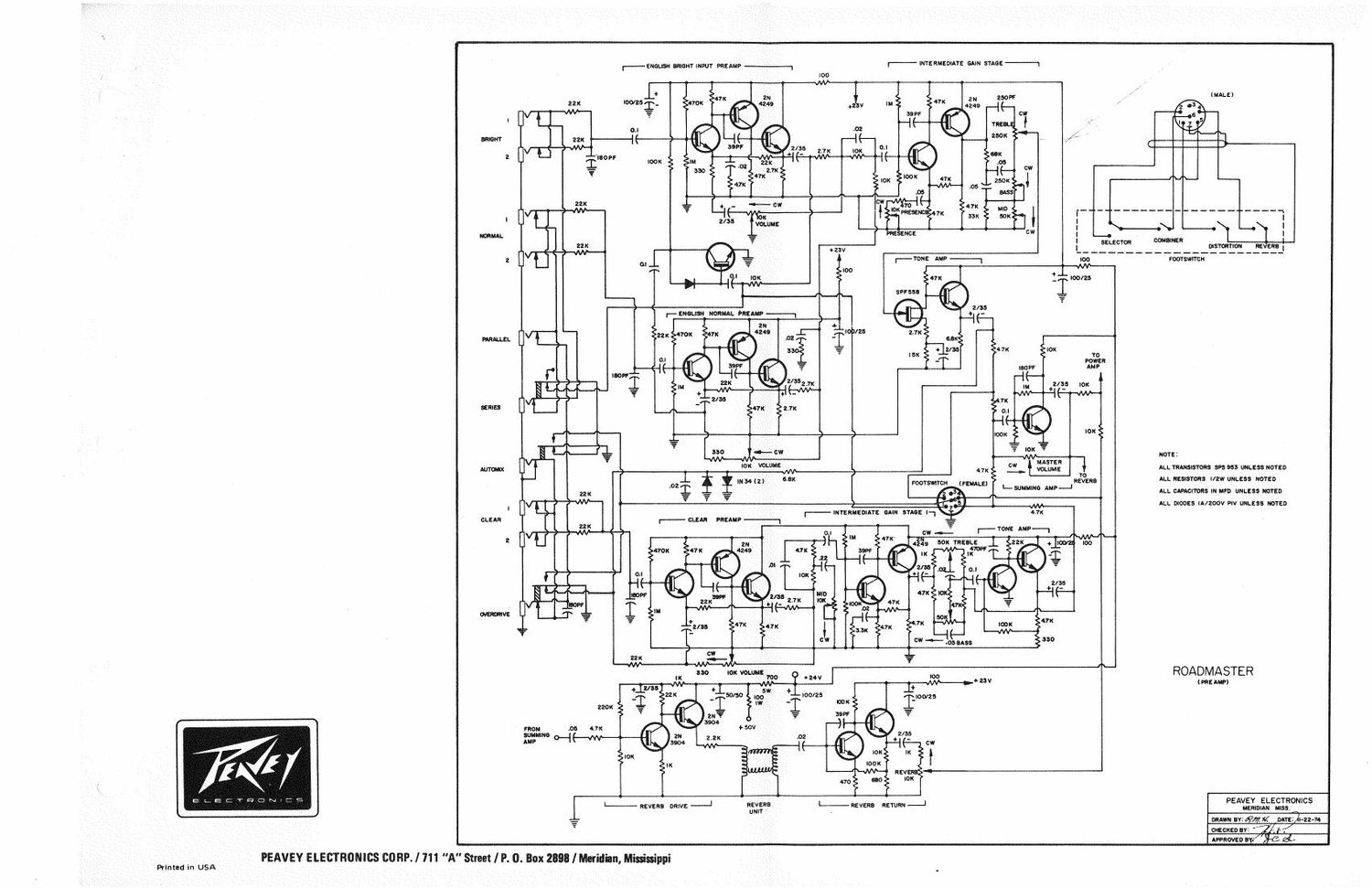 Peavey roadmaster SS 11 74 Schematics