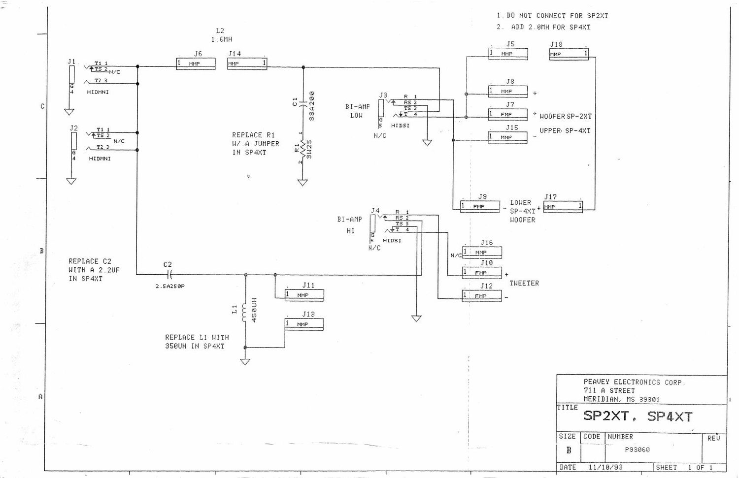 Peavey sp 2XT sp 4XT Crossover Schematic