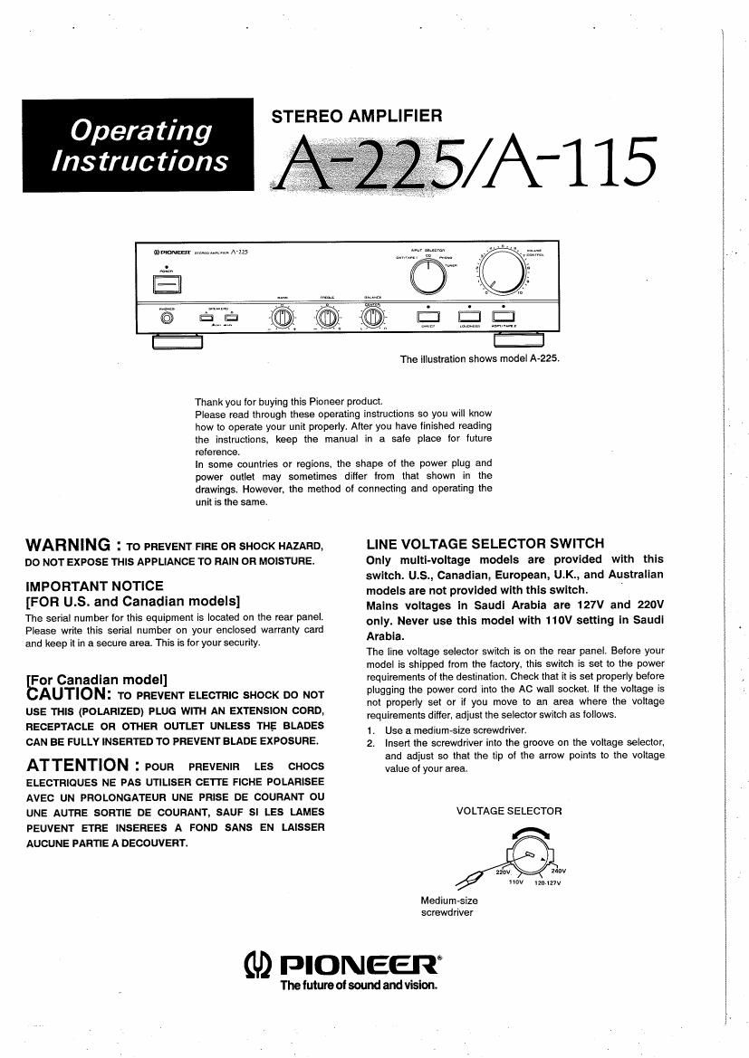 pioneer a 115 owners manual