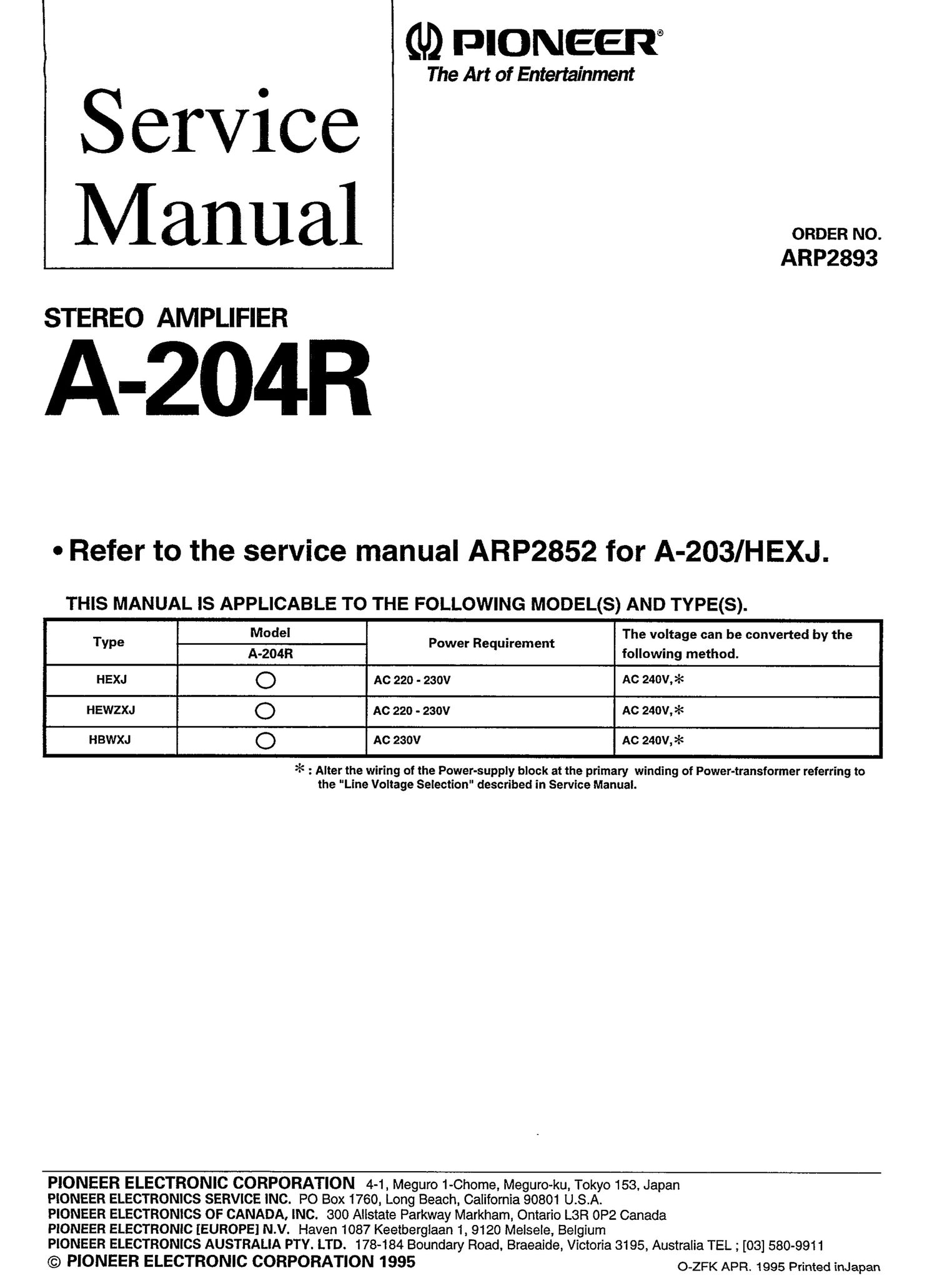 pioneer a 204 r service manual