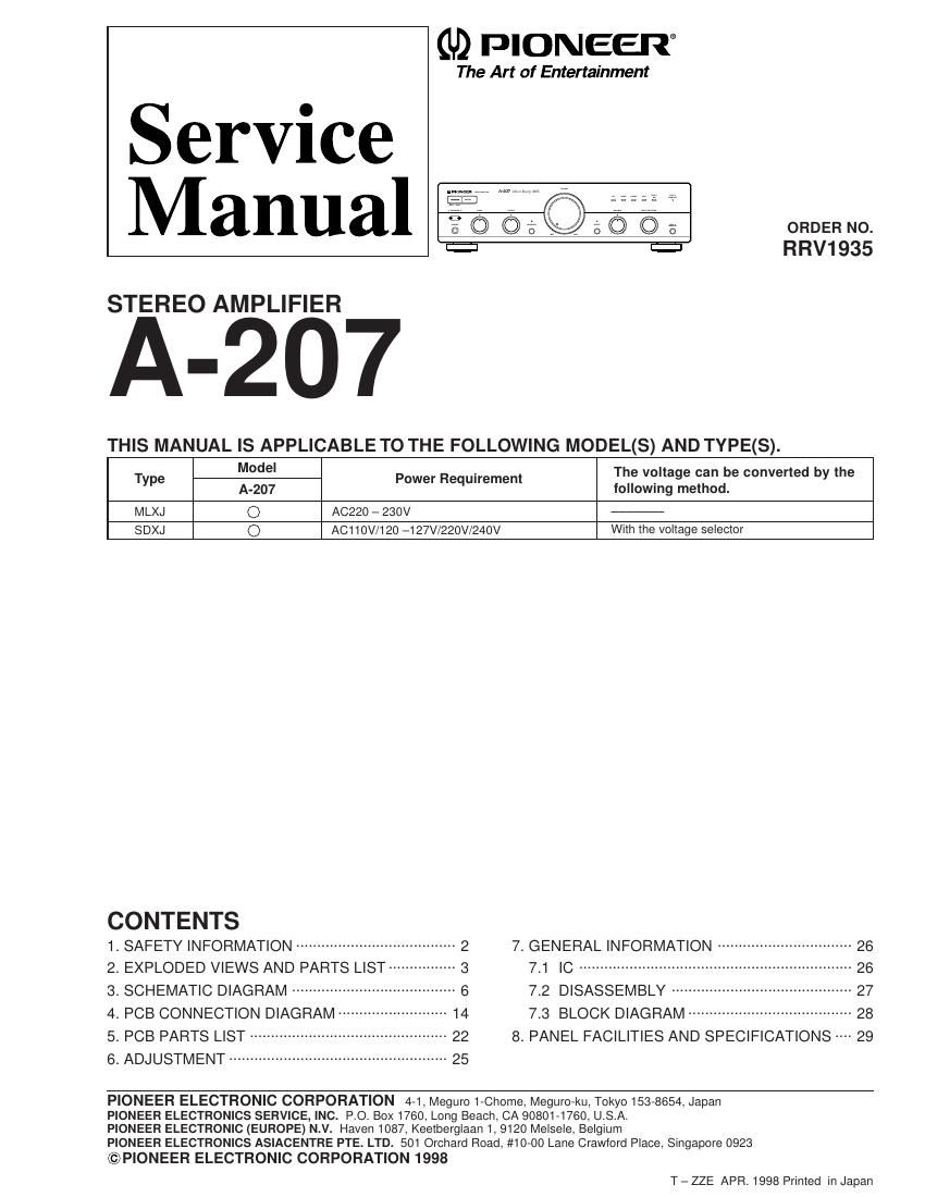 pioneer a 207 service manual
