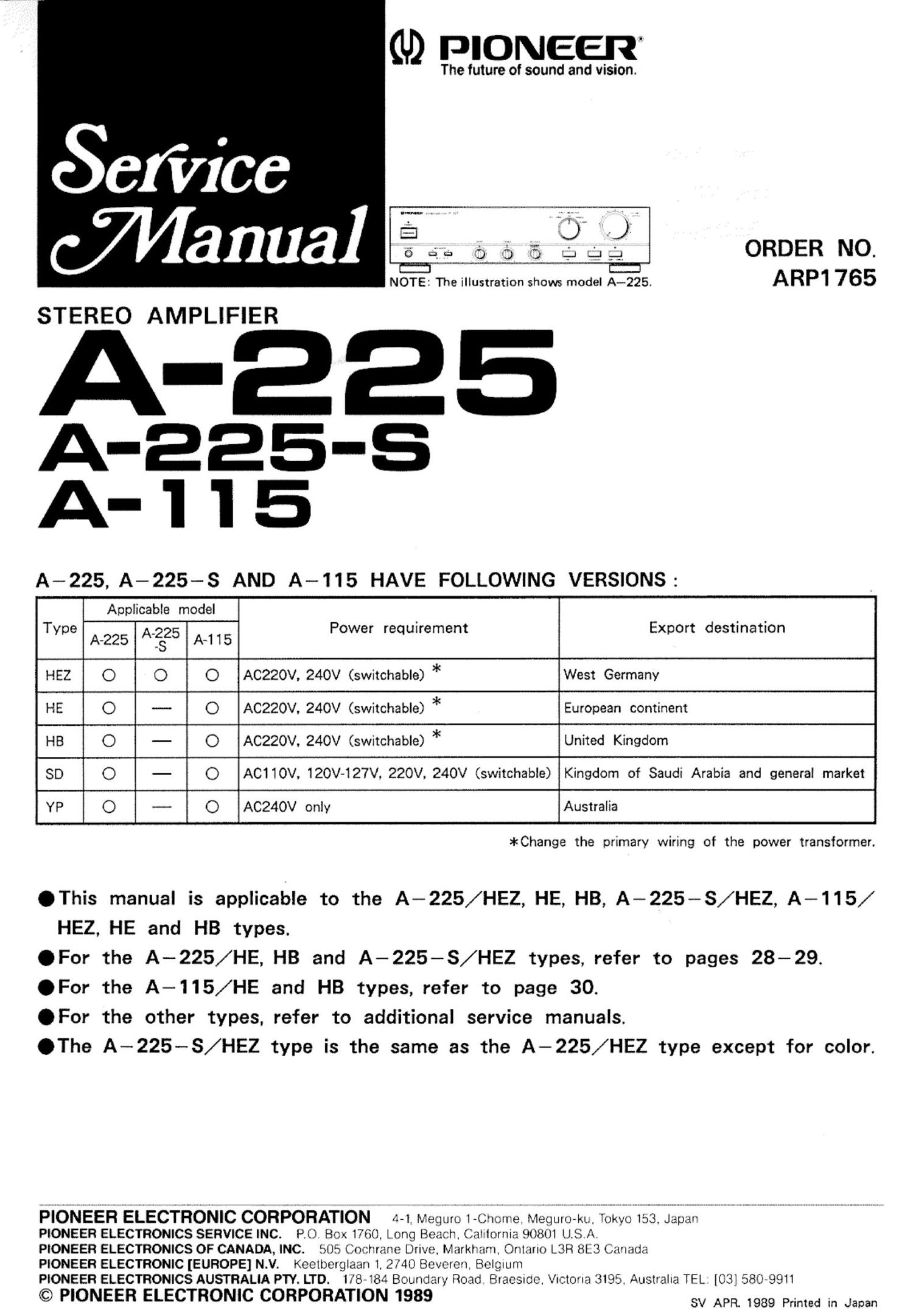 pioneer a 225 service manual