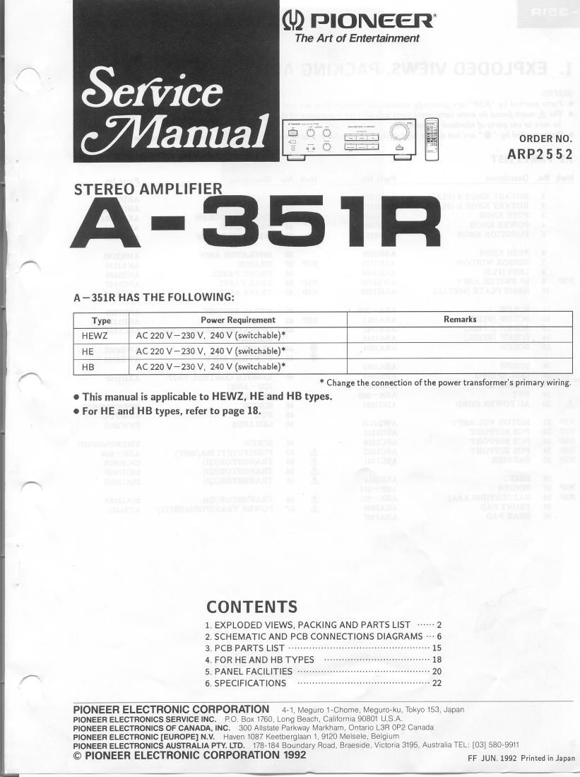 pioneer a 315 r service manual