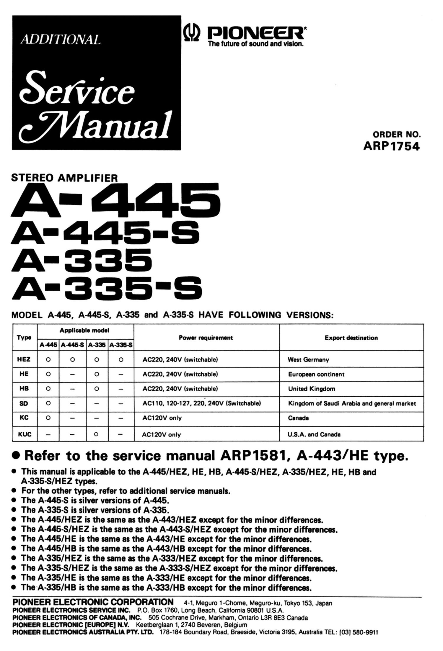 pioneer a 335 s service manual