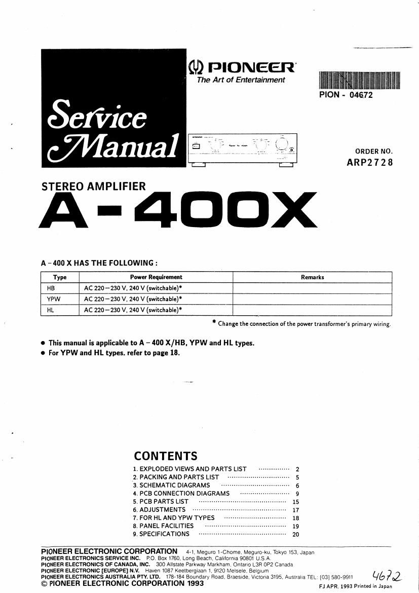 pioneer a 400 x service manual