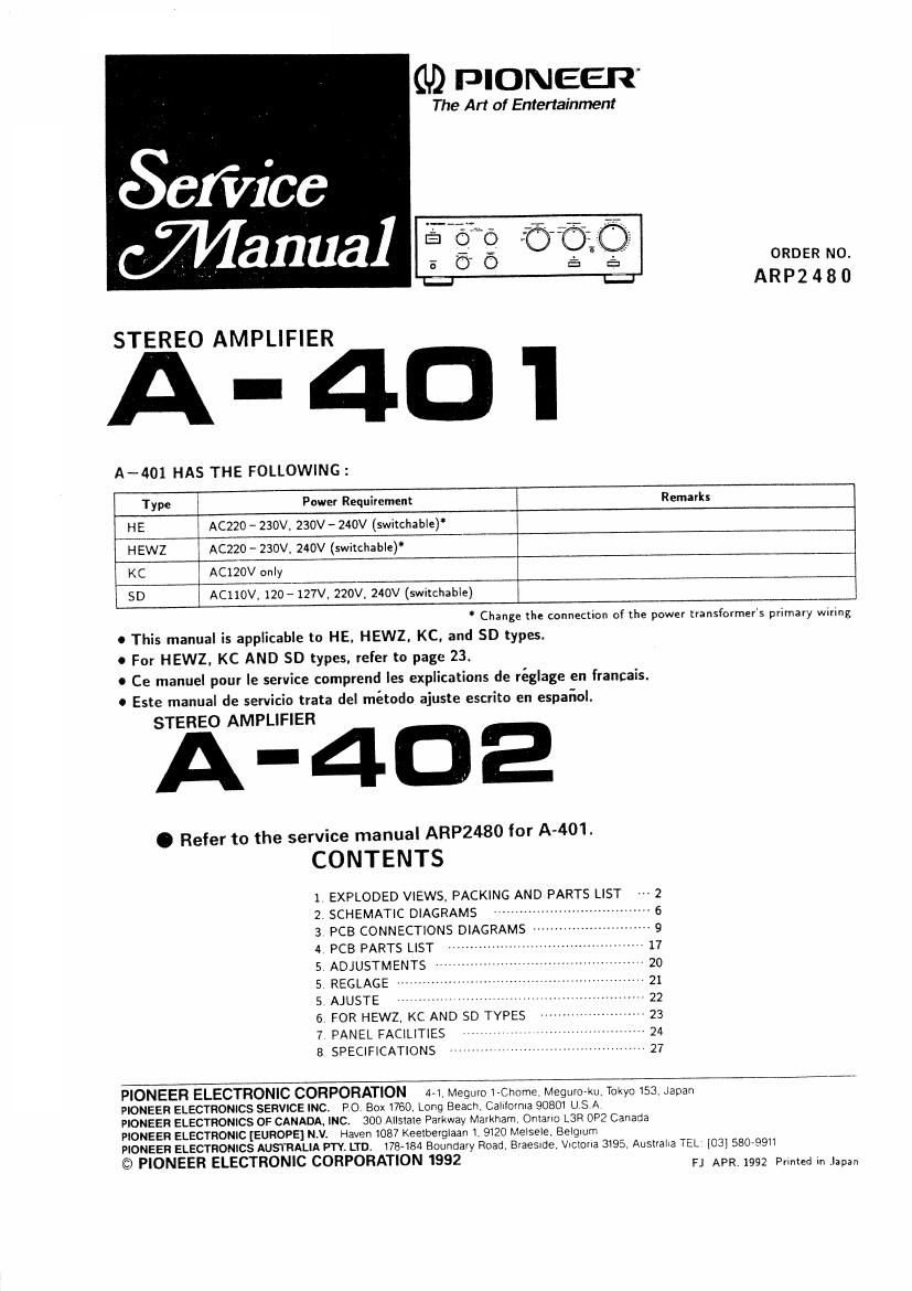 pioneer a 401 service manual