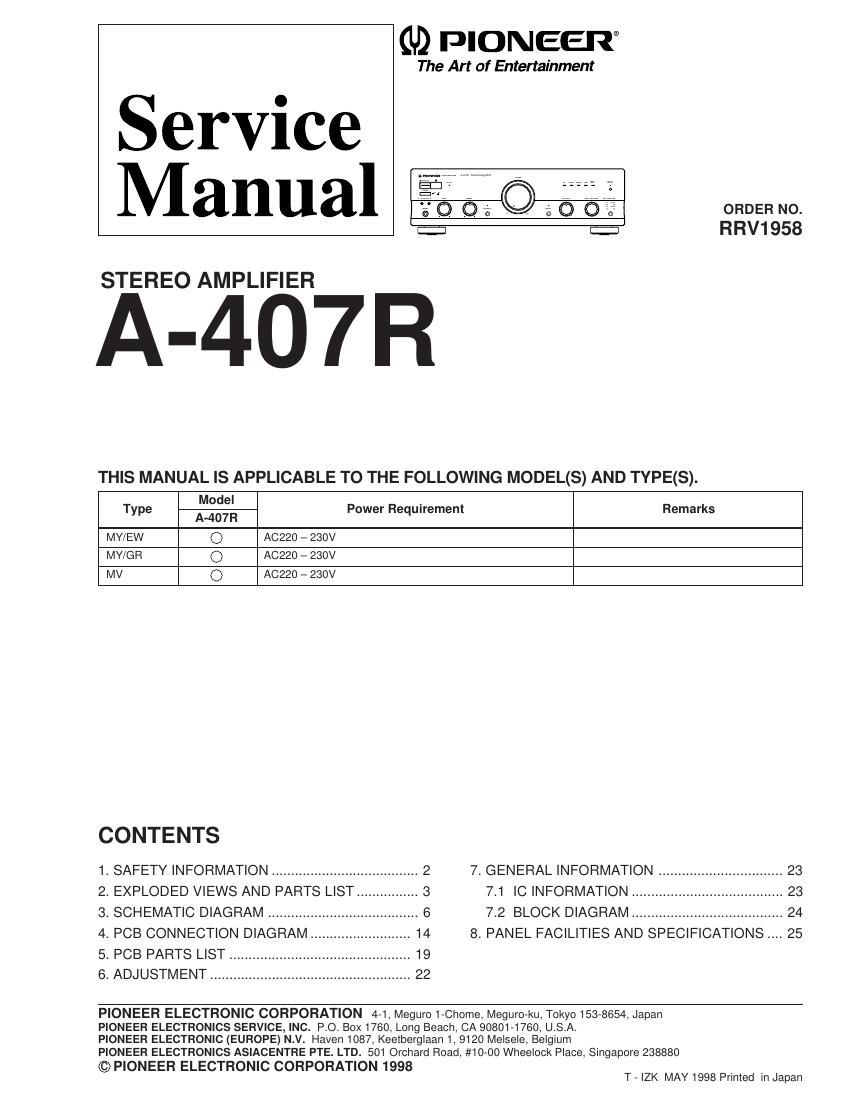 pioneer a 407 r service manual