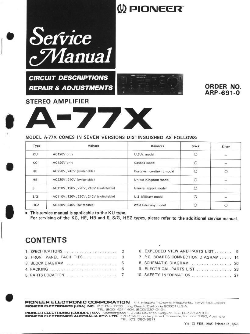 pioneer a 77 x service manual