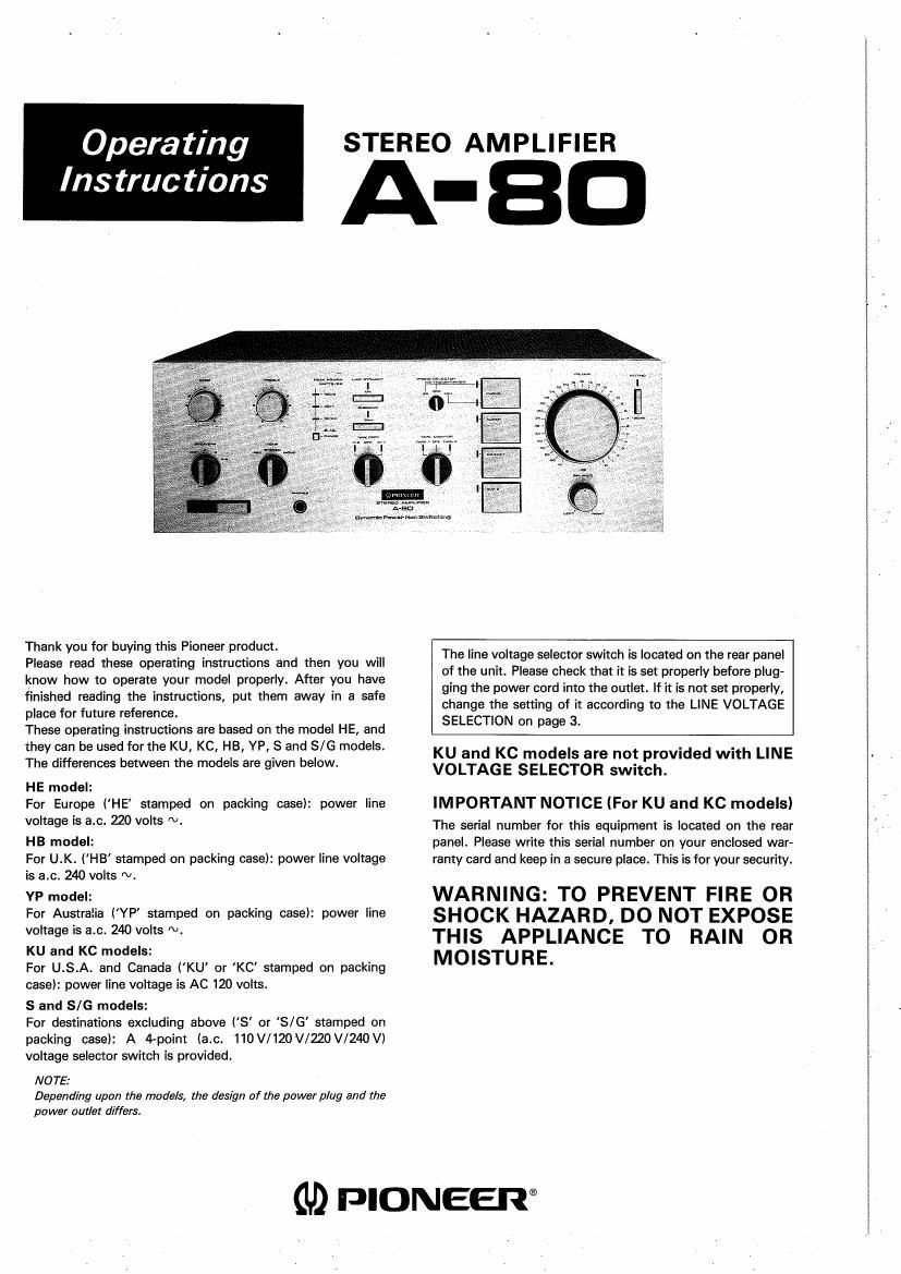 pioneer a 80 owners manual