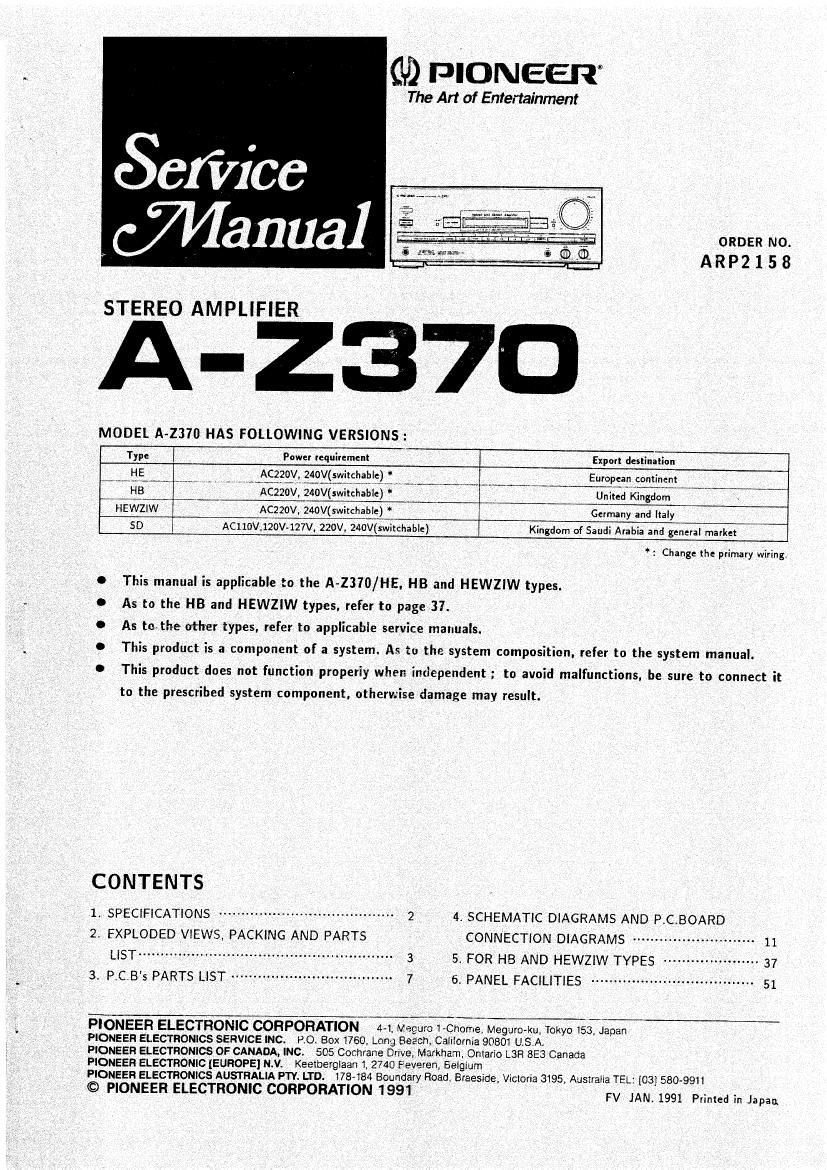 pioneer az 370 service manual