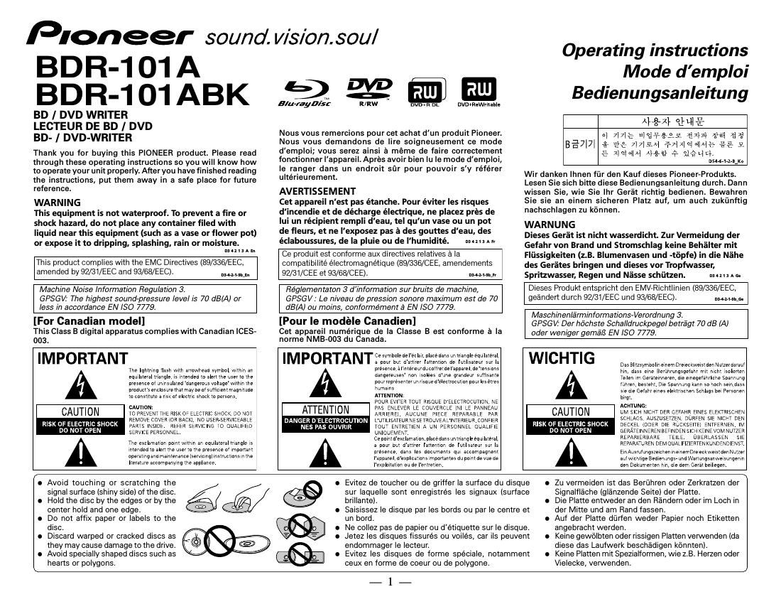 Pioneer BDP 101A Owners Manual
