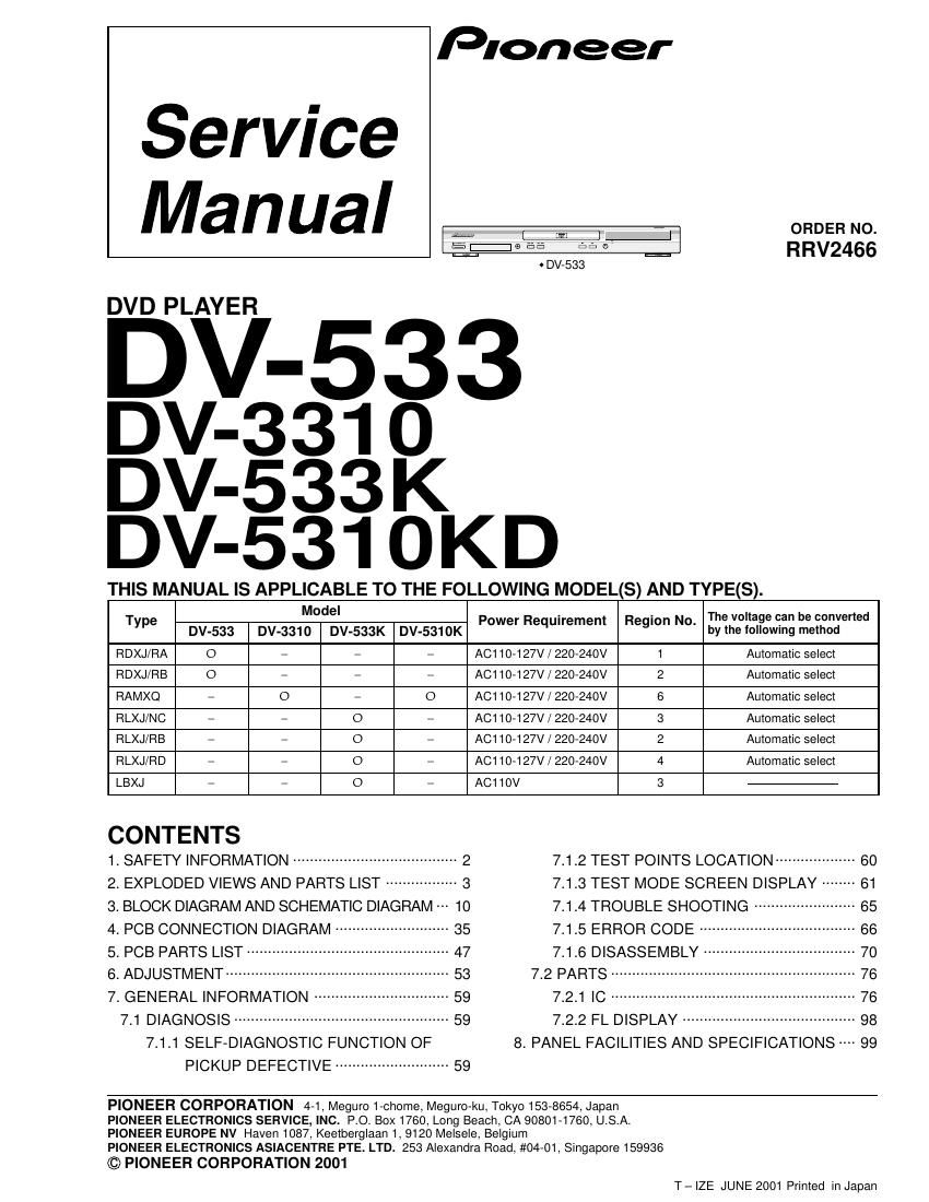 pioneer dv 3310 service manual