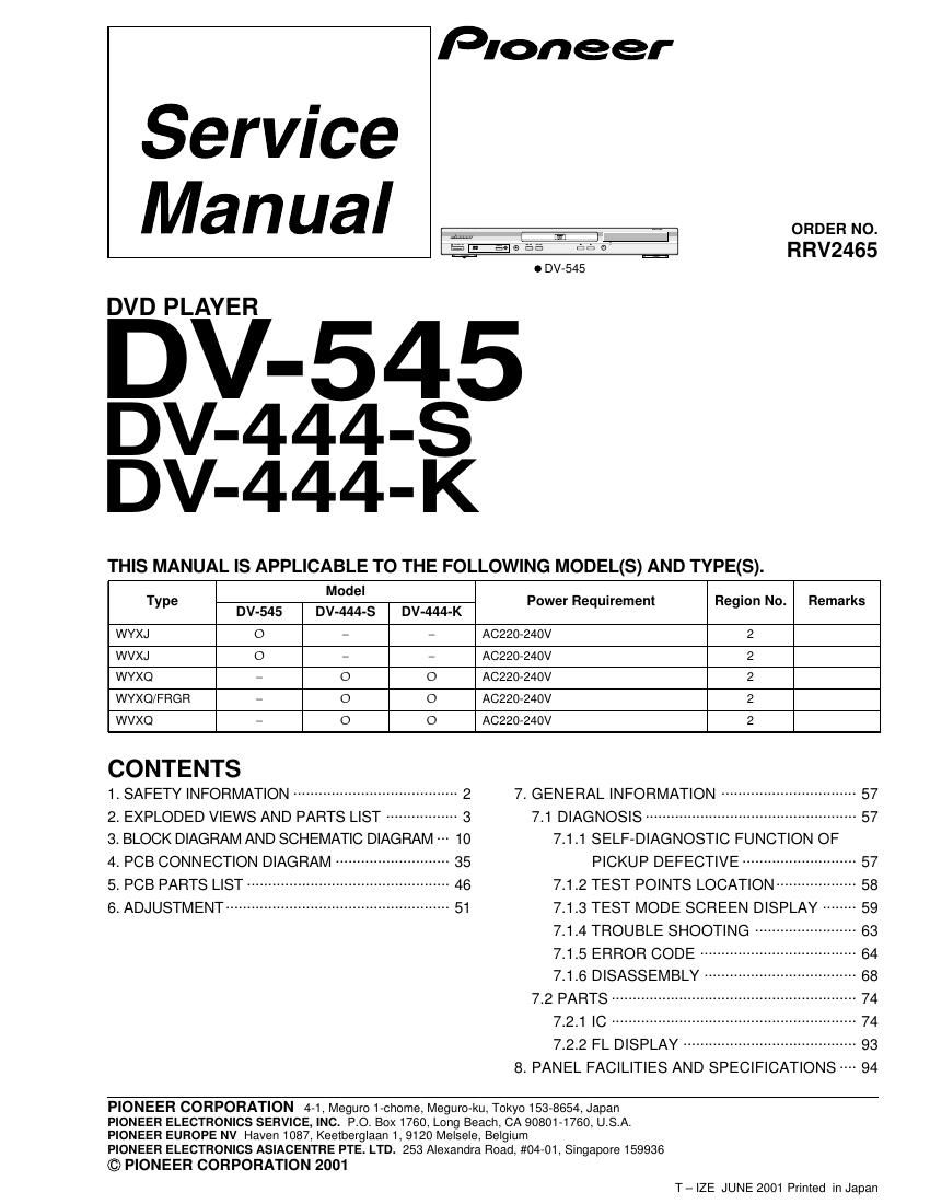 pioneer dv 444 service manual