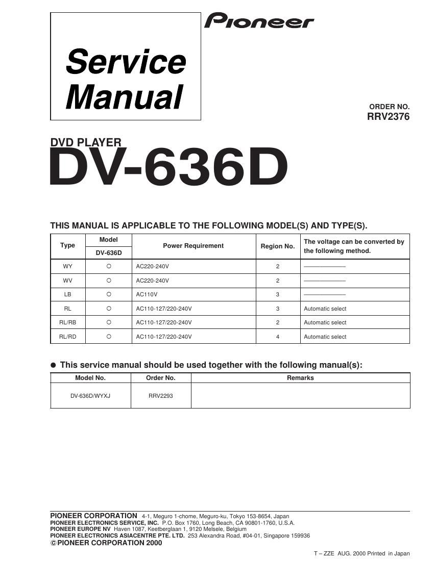 pioneer dv 636 d service manual