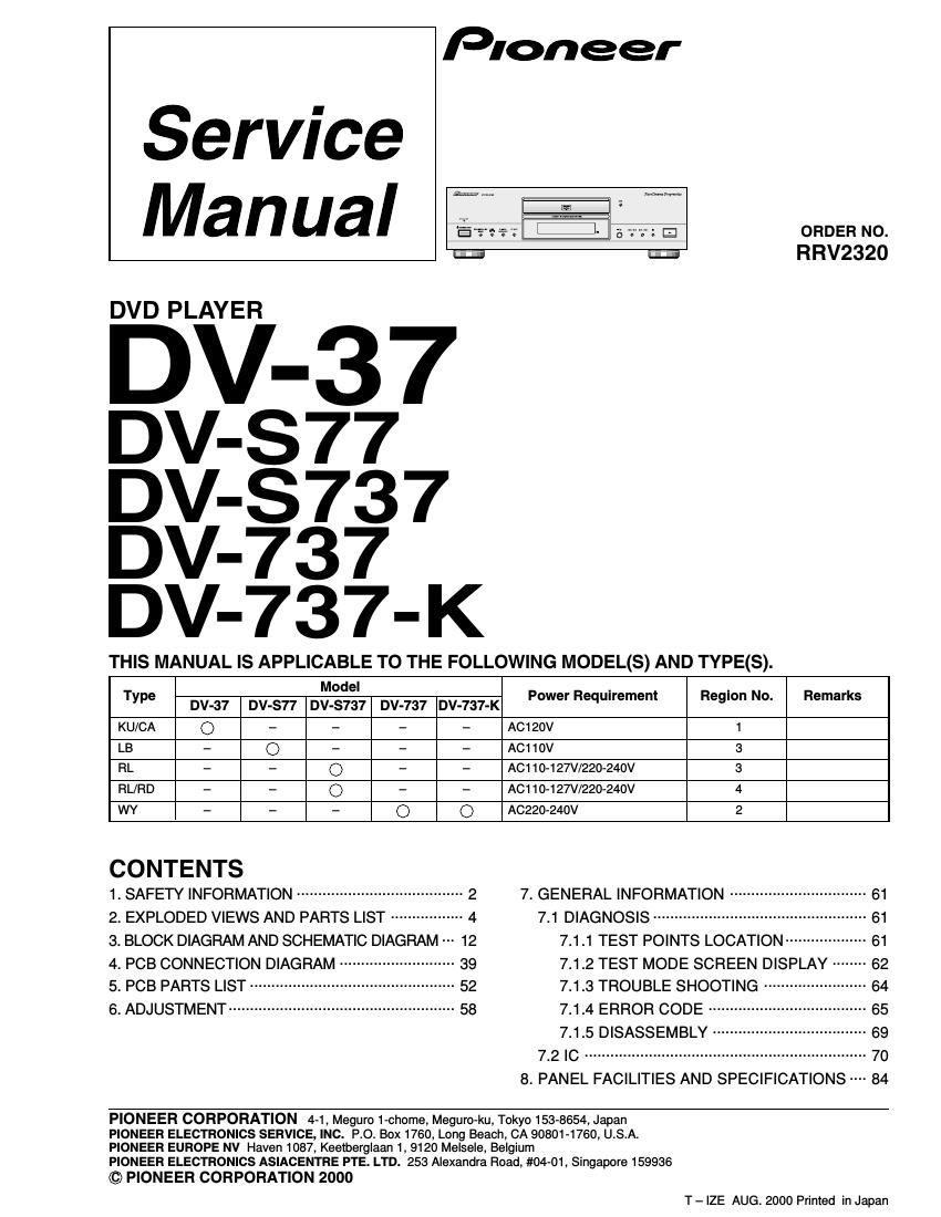 pioneer dv 737 k service manual