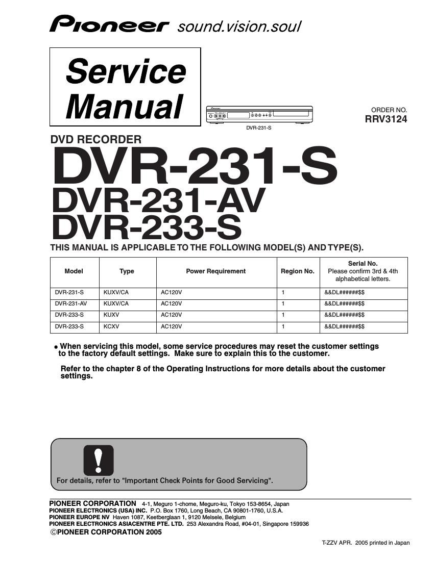 pioneer dvr 231 s service manual