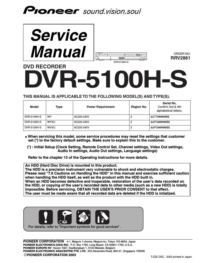 pioneer dvr 5100 hs service manual